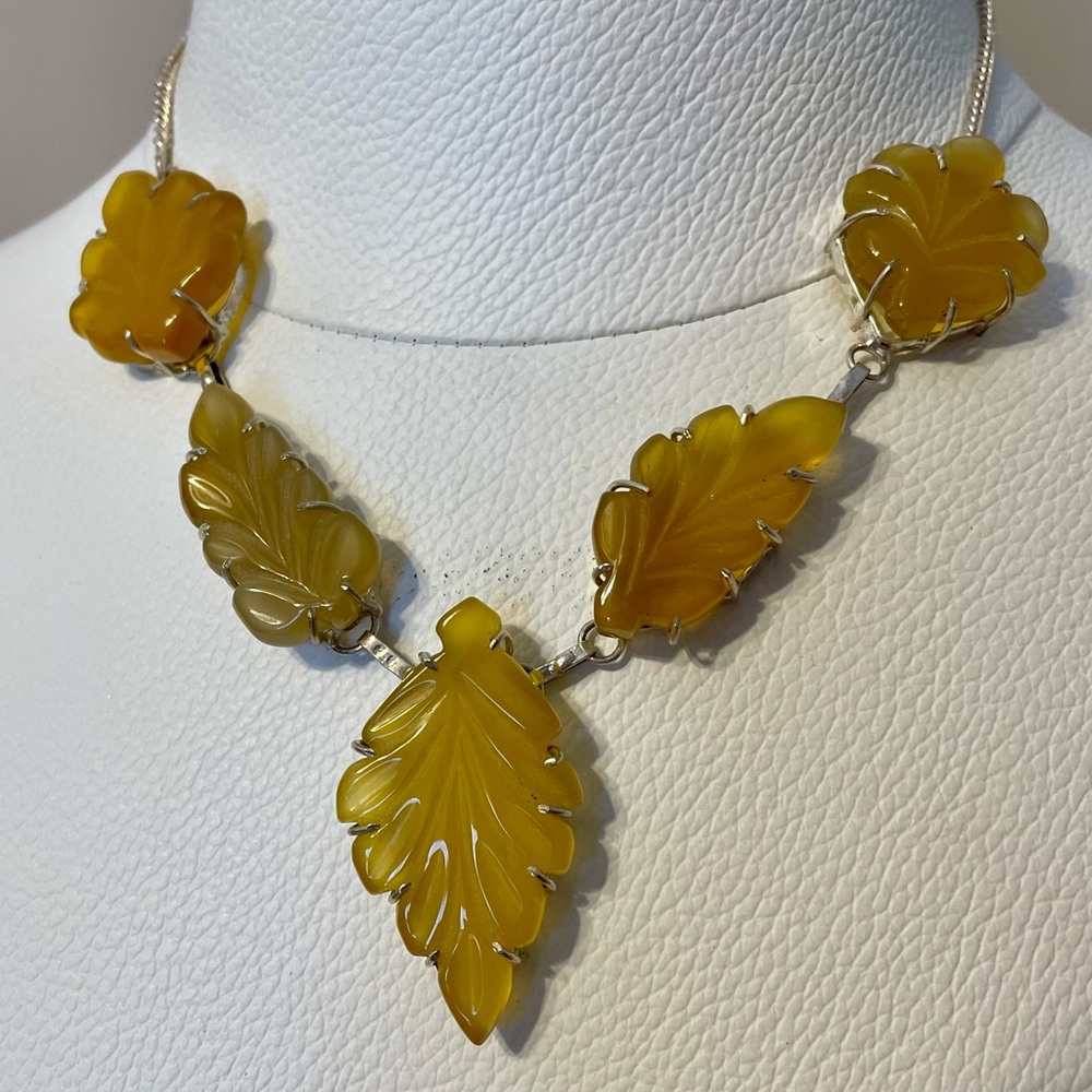 Amber Yellow Carved Natural Stone Statement Necklace 22”